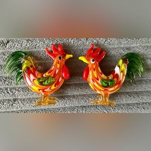 Art Glass Rooster Murano Style Small Miniature Bright Lot Of 2